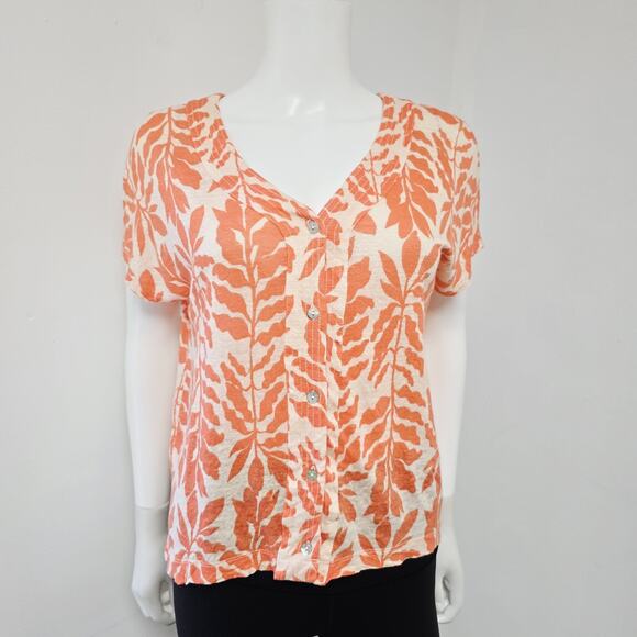 Rachel Zoe Top Size M Coral Floral Button Down Short Sleeve V-Neck 100% Linen - Picture 1 of 6
